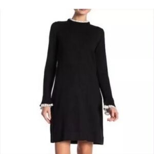Vince Camuto Black Long Sleeve Sweater Dress with White Ruffle Trim – Size Small